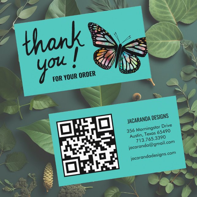 Tarjeta De Visita Butterflies Gracias por su pedido de código QR (Order thank you card with custom QR code and beautiful butterfly design in teal.)