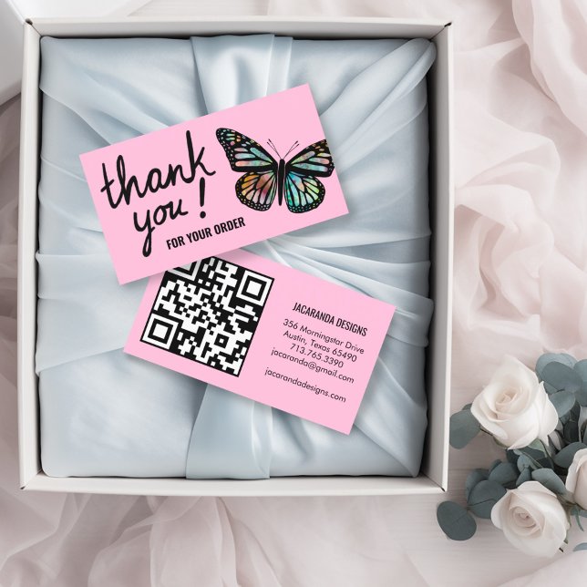 Tarjeta De Visita Butterflies Gracias por su pedido de código QR (Fun butterfly thank you business cards with QR code)