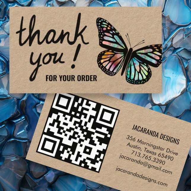 Tarjeta De Visita Butterflies Gracias por su pedido QR Code Kraft (Kraft paper custom thank you for your order business cards with QR code and butterfly design)