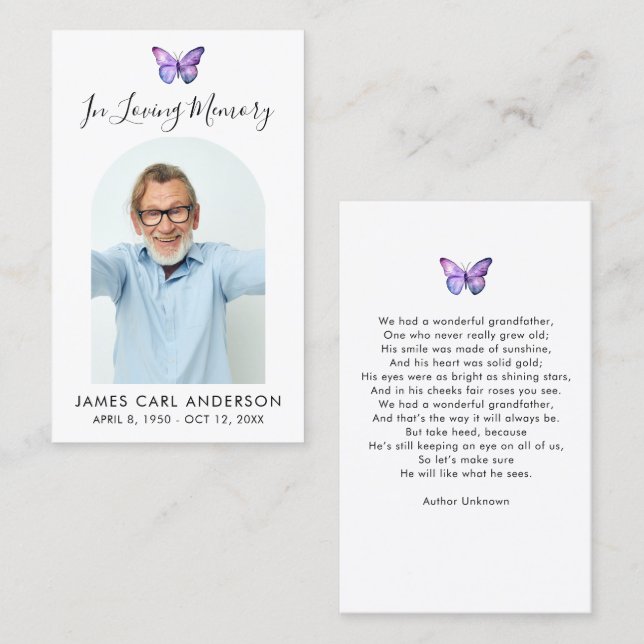 Tarjeta De Visita Butterfly Simple Photo Arch Memorial Prayer Card (Anverso / Reverso)