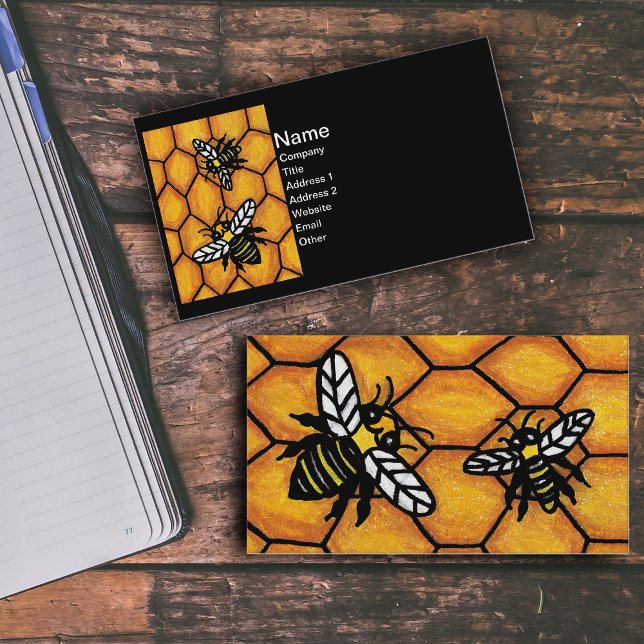 Tarjeta De Visita Buzzing Cute Bees Honeycomb (Cute buzzing black and yellow bees white wings on golden honeycomb on black business cards.)