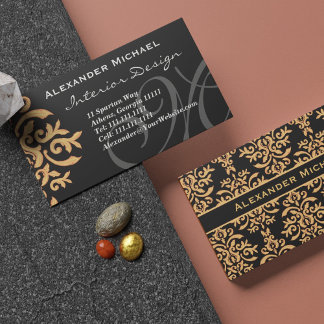 Tarjeta De Visita Ca de negocios elegante Monograma Negro y Damasco