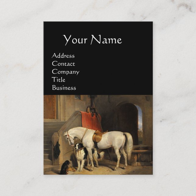 Tarjeta De Visita CABALLO BLANCO CON PERROS Y FALCONS EN verde ESTAB (Anverso)