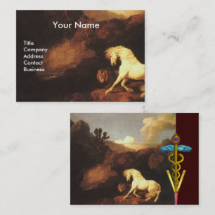 TARJETA DE VISITA CABALLO BLANCO Y LION / SÍMBOLO VETERINARIO CADUCE