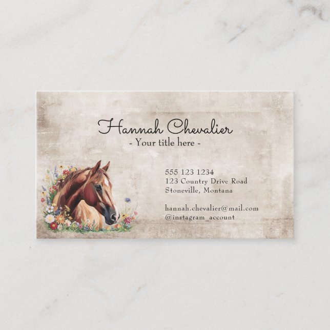 Tarjeta De Visita caballo con flor silvestre, ecuestre rural (Anverso)