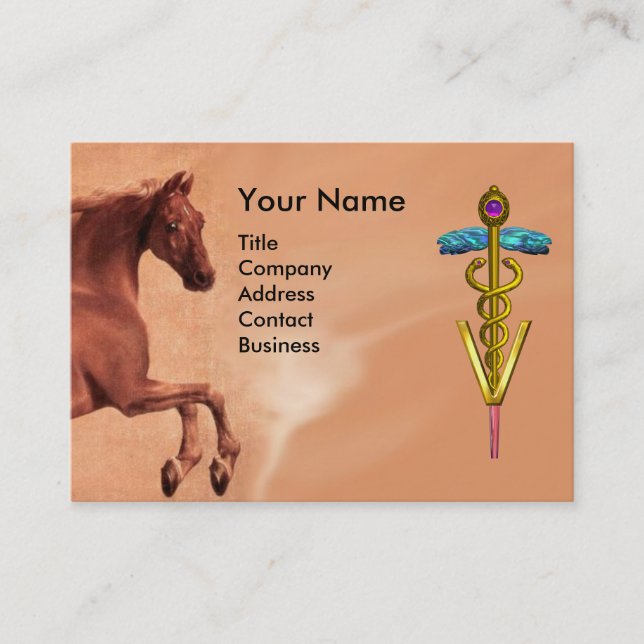 TARJETA DE VISITA CABALLO ROJO Y SÍMBOLO VETERINARIO CADUCEO ORO (Anverso)