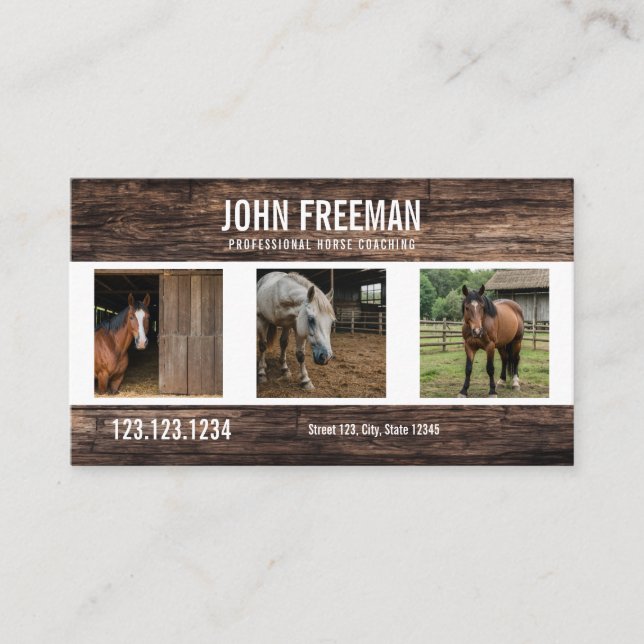 Tarjeta De Visita Caballos únicos de madera marrón foto ecuestre (Anverso)