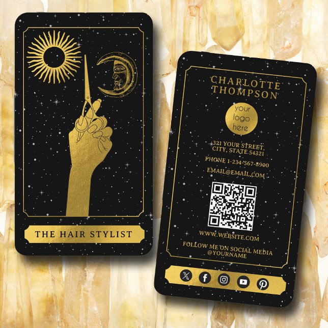 Tarjeta De Visita Cabecera de peluquería con el logotipo de Tarot pa (Celestial Tarot Logo Hairdresser Black Gold Business Card)