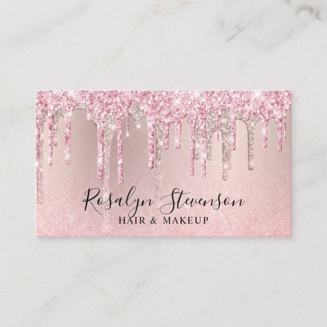 Tarjeta De Visita Cabello y maquillaje moderno rosa purpurina dorado (Anverso)