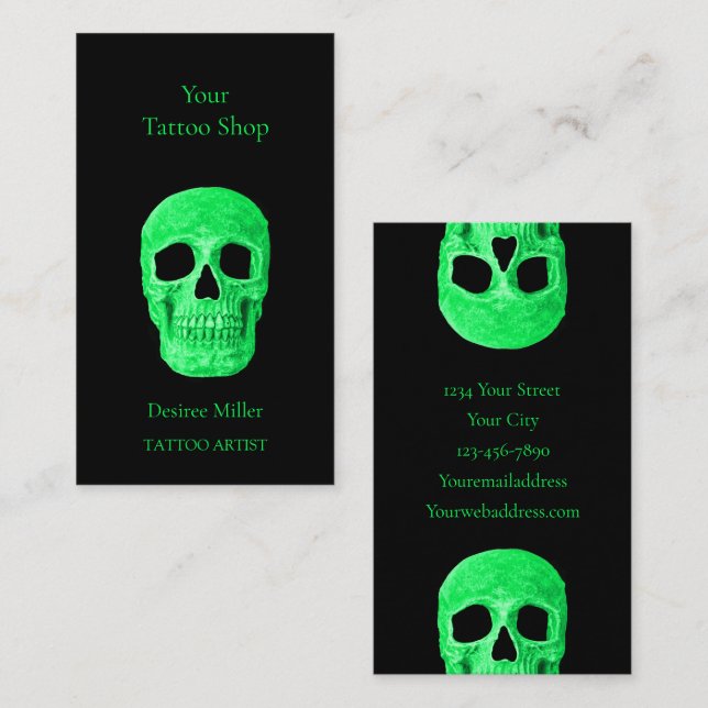 Tarjeta De Visita Cabeza de cráneo gótica Green Neon Black Tattoo Sh (Anverso / Reverso)
