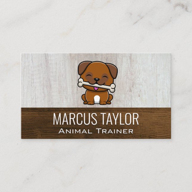 Tarjeta De Visita Cachorro con hueso de perro | Fondo de madera (Anverso)