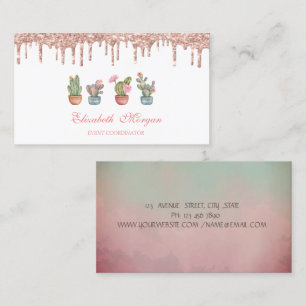 Tarjeta De Visita Cactus acuarela de gotas de oro rosa