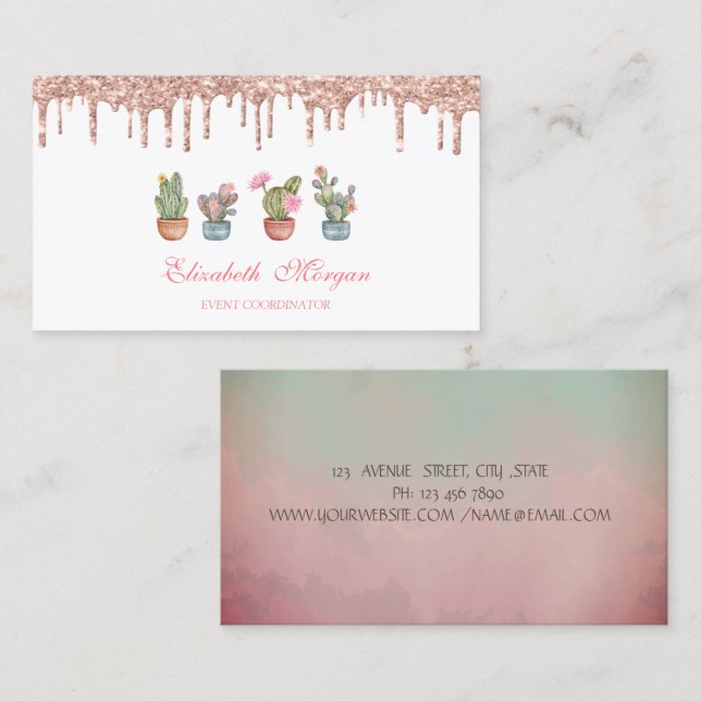 Tarjeta De Visita Cactus acuarela de gotas de oro rosa (Anverso / Reverso)