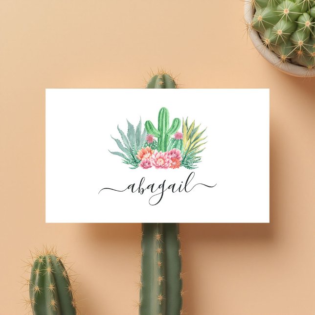 Tarjeta De Visita Cactus acuarela y elegancia floral rosada (Watercolor Cactus and Pink Floral Elegant Business Card)