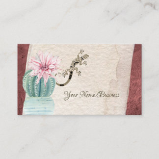 Tarjeta De Visita Cactus con flores y gecko suroeste