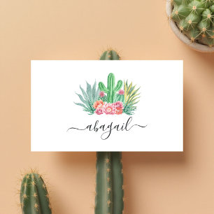 Tarjeta De Visita Cactus de Acuarela y Floral Rosa Elegante