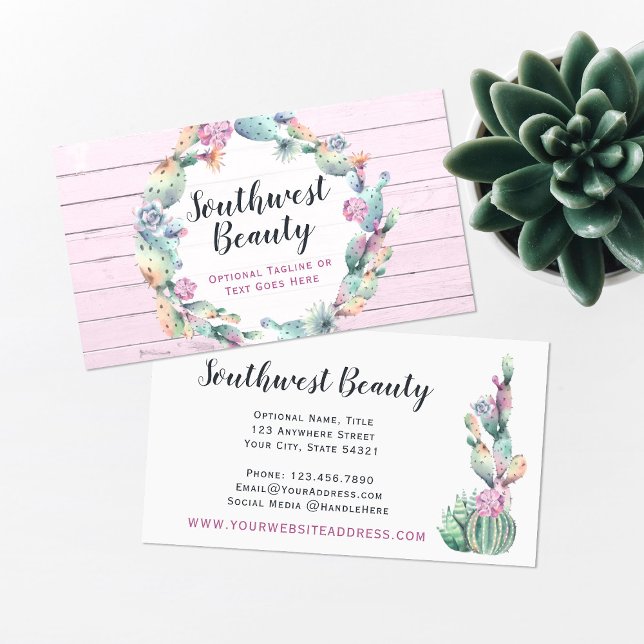 Tarjeta De Visita Cactus exitoso acuarela y bohemias de madera rústi (Subido por el creador)