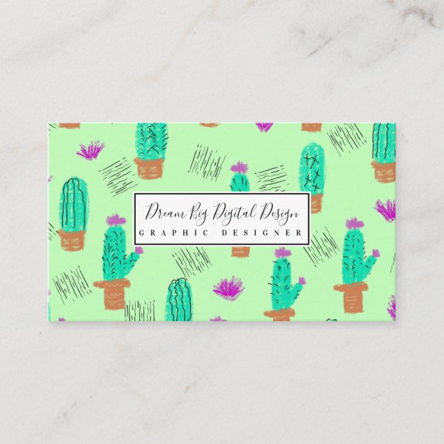 Tarjeta De Visita Cactus Greenery Doodles | Verde (Anverso)