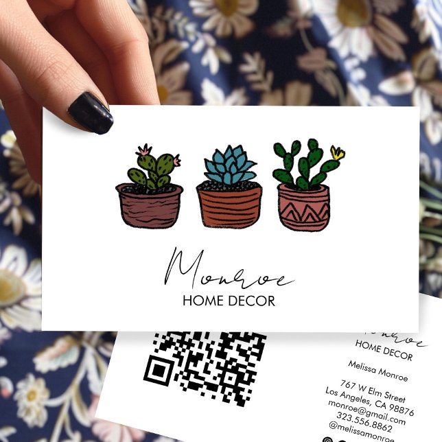 Tarjeta De Visita Cactus Ilustracion Boho Doodle QR Iconos sociales (Cactus Illustration Boho Doodle QR Social Icons Business Card
)