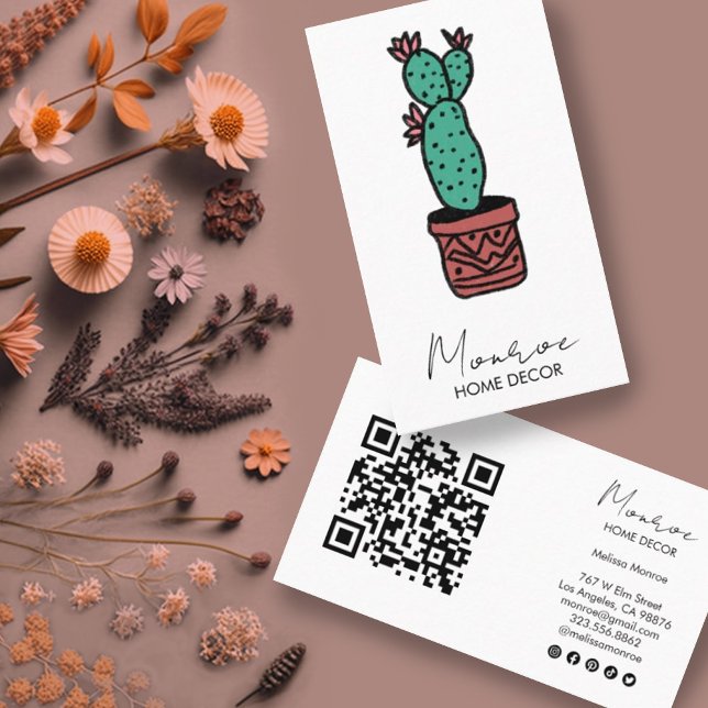 Tarjeta De Visita Cactus Ilustracion Diversión Boho Cute QR Iconos s (Cactus illustration with QR code and social media icons. Custom business cards)