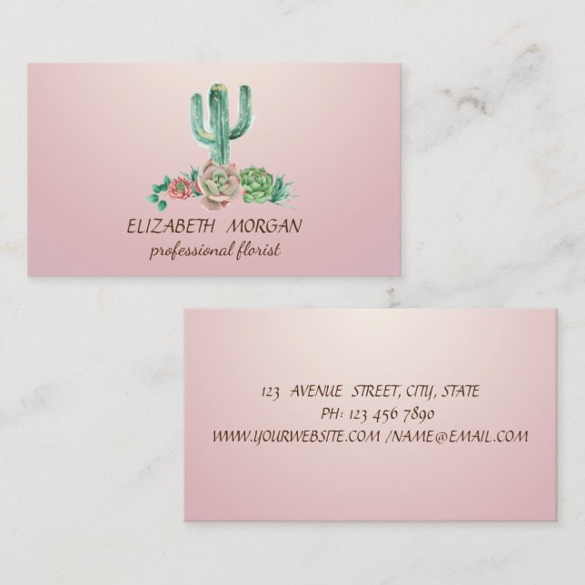 Tarjeta De Visita Cactus Profesional de Acuarela Chic (Anverso / Reverso)
