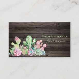 Tarjeta De Visita Cactus Profesional Romántico, Flores, Madera Oscur