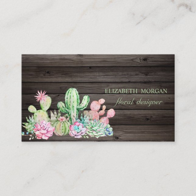 Tarjeta De Visita Cactus Profesional Romántico, Flores, Madera Oscur (Anverso)