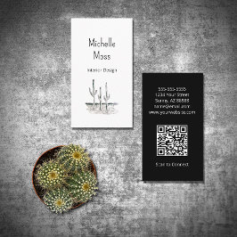 Tarjeta De Visita Cactus simple del desierto código QR blanco negro