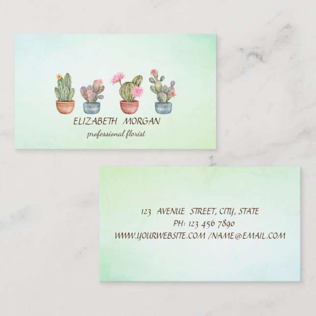 Tarjeta De Visita Cactus Suculento Verde Chic  (Anverso / Reverso)