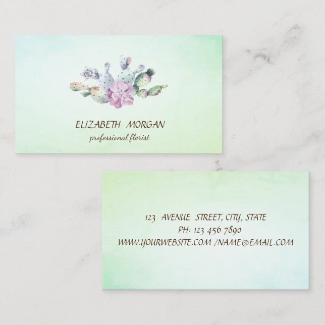 Tarjeta De Visita Cactus Suculento Verde Elegante (Anverso / Reverso)