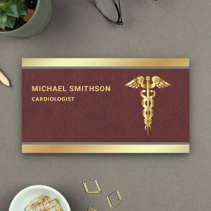 Tarjeta De Visita Caduceo de Oro en Cuero Símbolo Profesional Médico