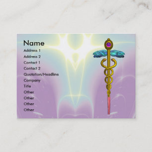 Tarjeta De Visita CADUCEO DE ORO, MÉDICA, SERVICIO MÉDICO Púrpura Ve