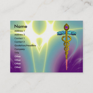 Tarjeta De Visita CADUCEO DE ORO, MÉDICA, SERVICIO MÉDICO Verde Púrp