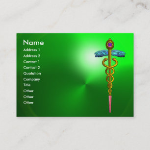 TARJETA DE VISITA CADUCEO DE ORO, MÉDICO, SERVICIO MÉDICO VERDE EMER