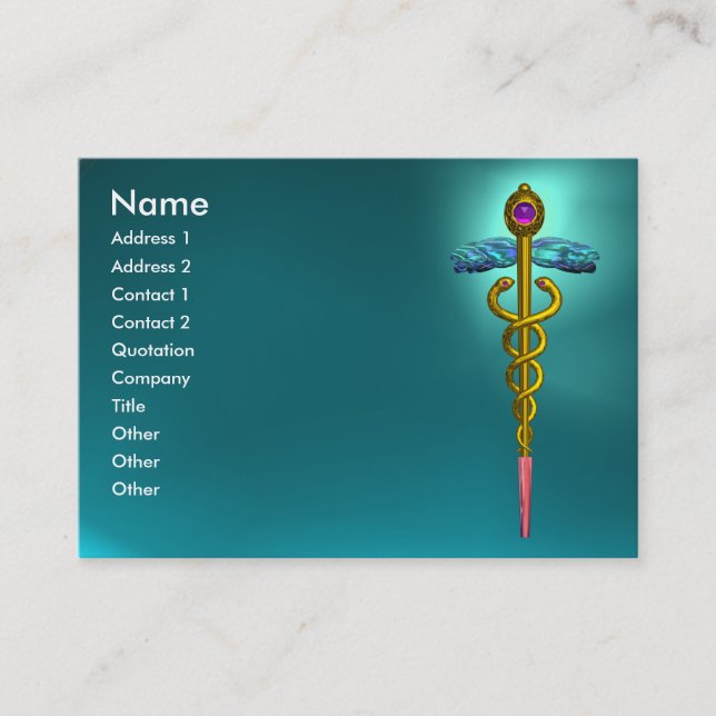 TARJETA DE VISITA CADUCEO DE ORO, SÍMBOLO MÉDICO, AQUAMARINA AZUL VE (Anverso)