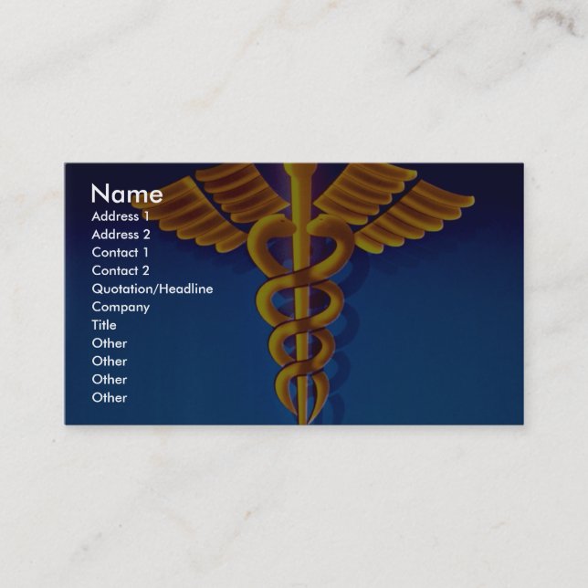 Tarjeta De Visita Caduceo del oro sobre fondo médico azul (Anverso)