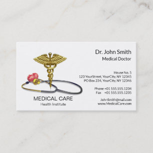 Tarjeta De Visita Caduceo Médico de Oro y Estetoscopio con Corazón
