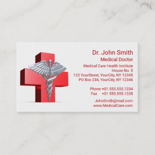 Tarjeta De Visita Caduceo Médico Plata Cruz 3D Roja