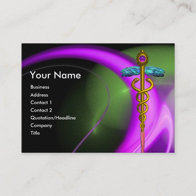 TARJETA DE VISITA CADUCEUS DE ORO , PÚRPURA VERDE VIOLETA FRACTAL HI (Anverso)
