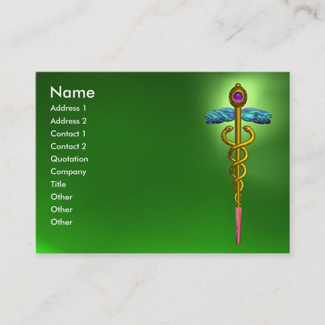 Tarjeta De Visita CADUCEUS, EMERALD GREEN vibrante oro amatista rosa (Anverso)