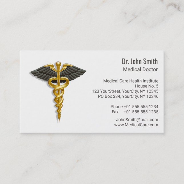 Tarjeta De Visita Caduceus Gold Black Wings Elegante médico (Anverso)