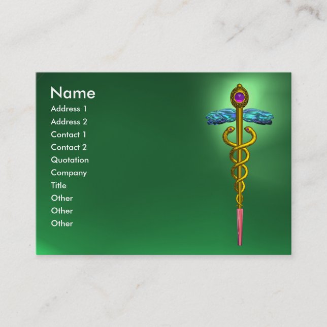 Tarjeta De Visita CADUCEUS, JADE GREEN vibrante oro amatista rosa (Anverso)