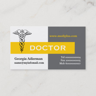 Tarjeta De Visita Caduceus médica gris minimalista, blanco, amarillo