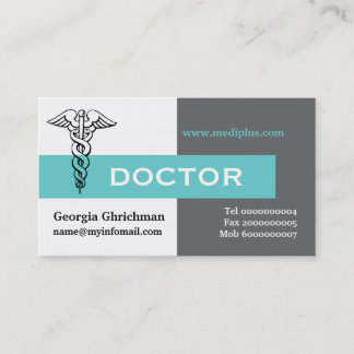 Tarjeta De Visita Caduceus médica gris minimalista, blanco, aqua