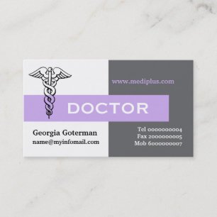 Tarjeta De Visita Caduceus médica gris minimalista, blanco, lavanda