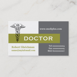 Tarjeta De Visita Caduceus médica gris minimalista, blanco, oliva