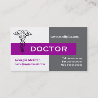 Tarjeta De Visita Caduceus médica gris minimalista, blanco, púrpura