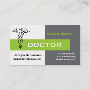 Tarjeta De Visita Caduceus médico gris minimalista, blanco, verde