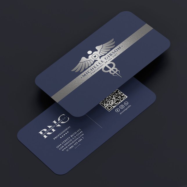 Tarjeta De Visita Caduceus Profesional Médico Plata Azul Mínimo (Medical Professional Caduceus Blue Silver Minimal Business Card
)