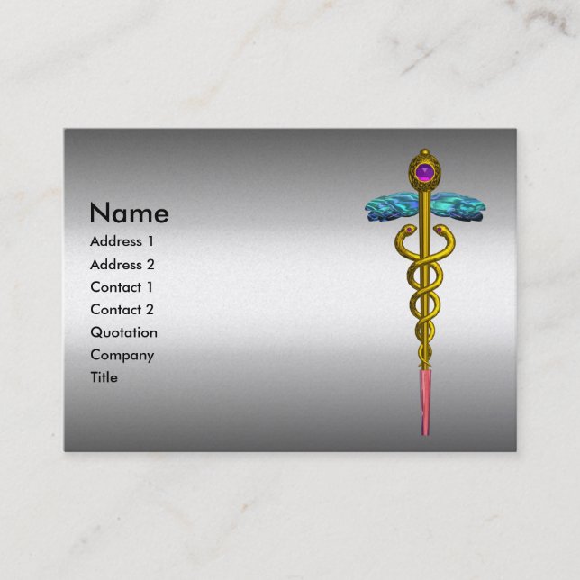 Tarjeta De Visita CADUCEUS, vibrante platino metálico, amatista, oro (Anverso)